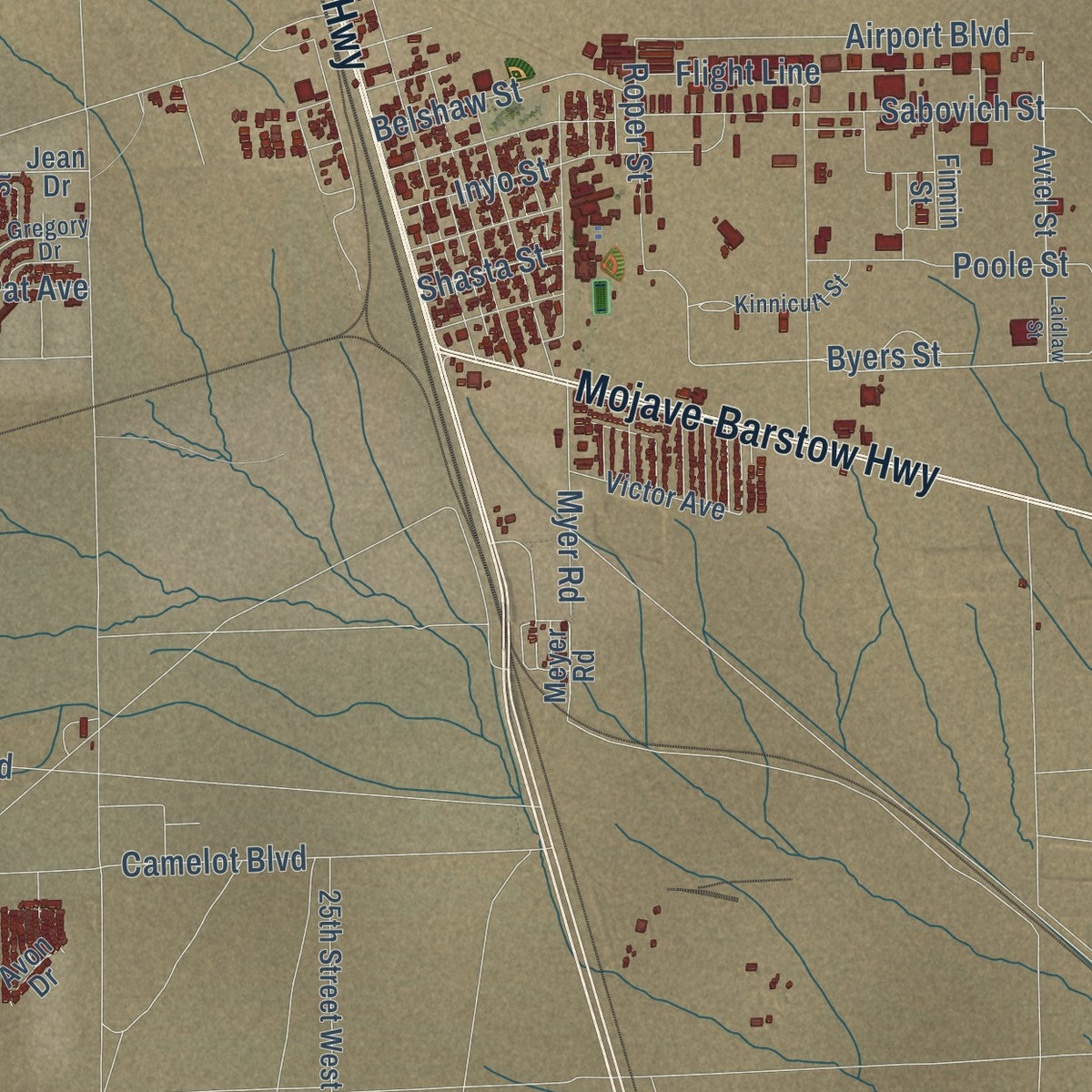 Second close-up of the map of Mojave, California print showing more streets and buildings