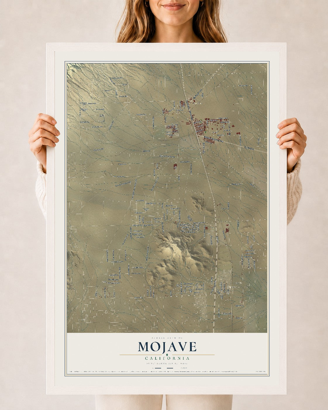 Map of Mojave, California, 24 x 36 inch print in a white wood frame