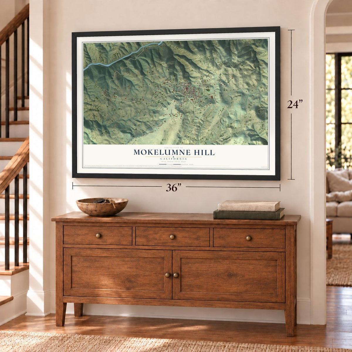 Mokelumne Hill, California map, 24 x 36 inch print in a black frame above a dresser by a staircase