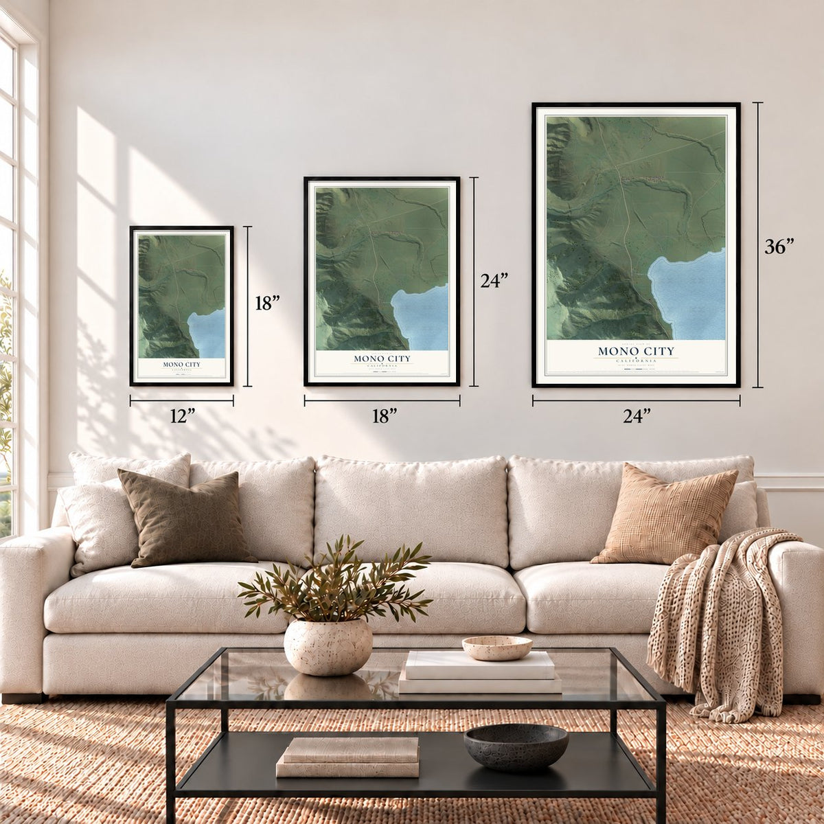 Mono City, California map in 12 x 18, 18 x 24 and 24 x 36 inch sizes above a sofa