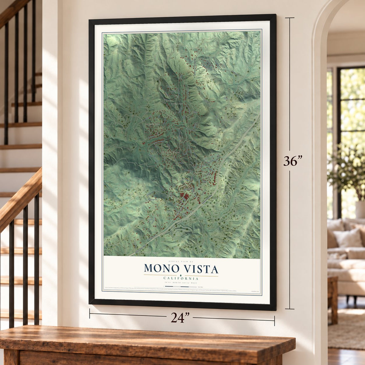 Mono Vista, California map, 24 x 36 inch print in a black frame by a staircase