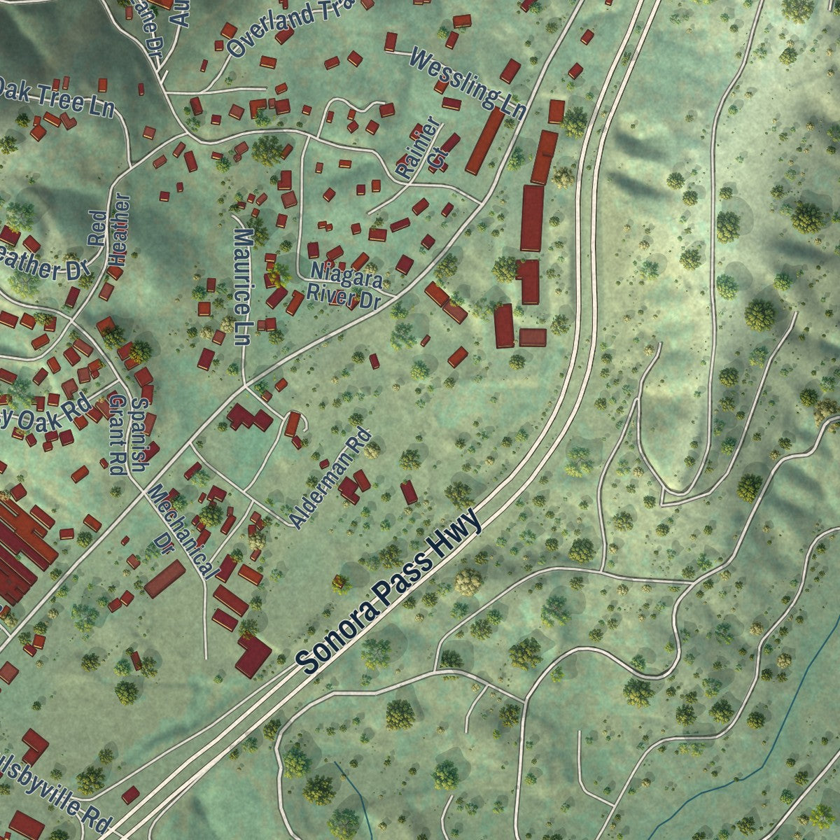 Close-up of the map of Mono Vista, California print showing street and building detail