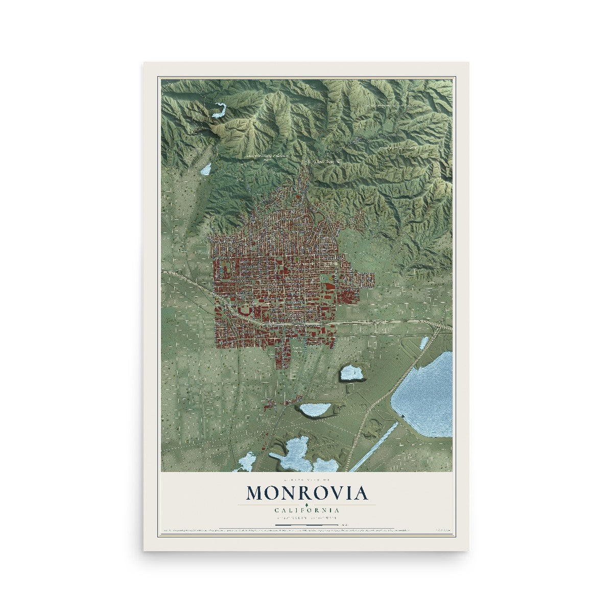 Map of Monrovia, California, 12 x 18 inch unframed archival matte print