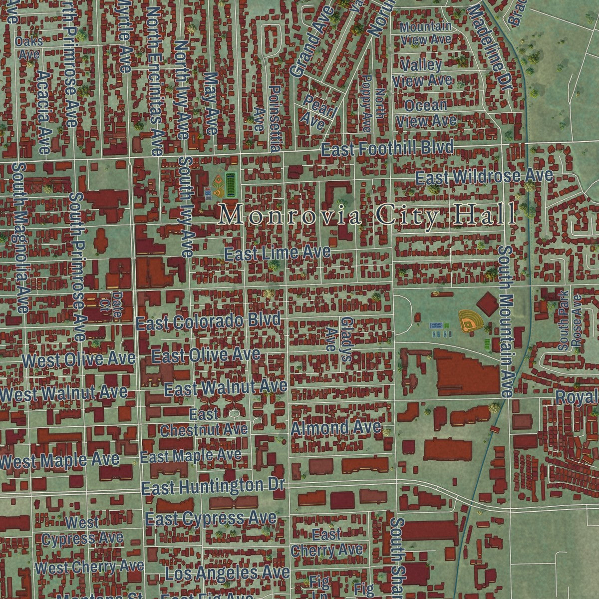 Close-up of the map of Monrovia, California print showing street and building detail