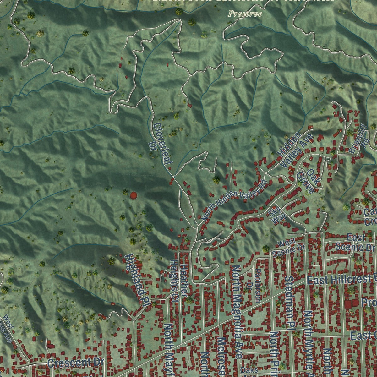 Second close-up of the map of Monrovia, California print showing more streets and buildings