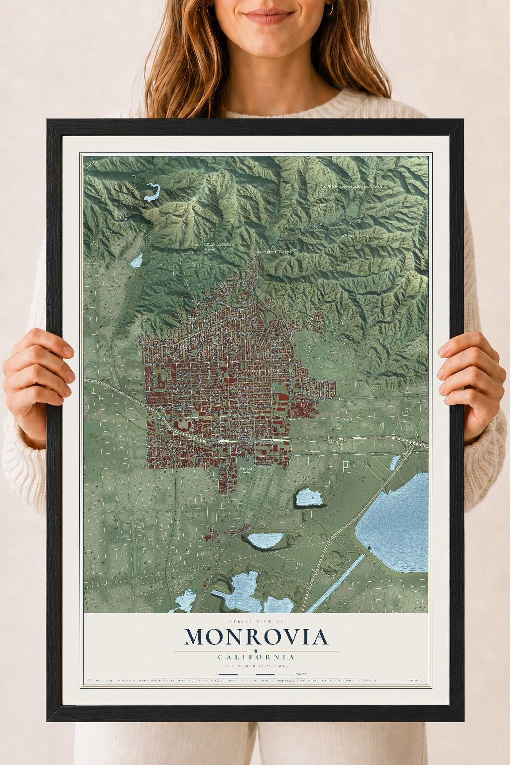 Map of Monrovia, California, 18 x 24 inch print in a black wood frame