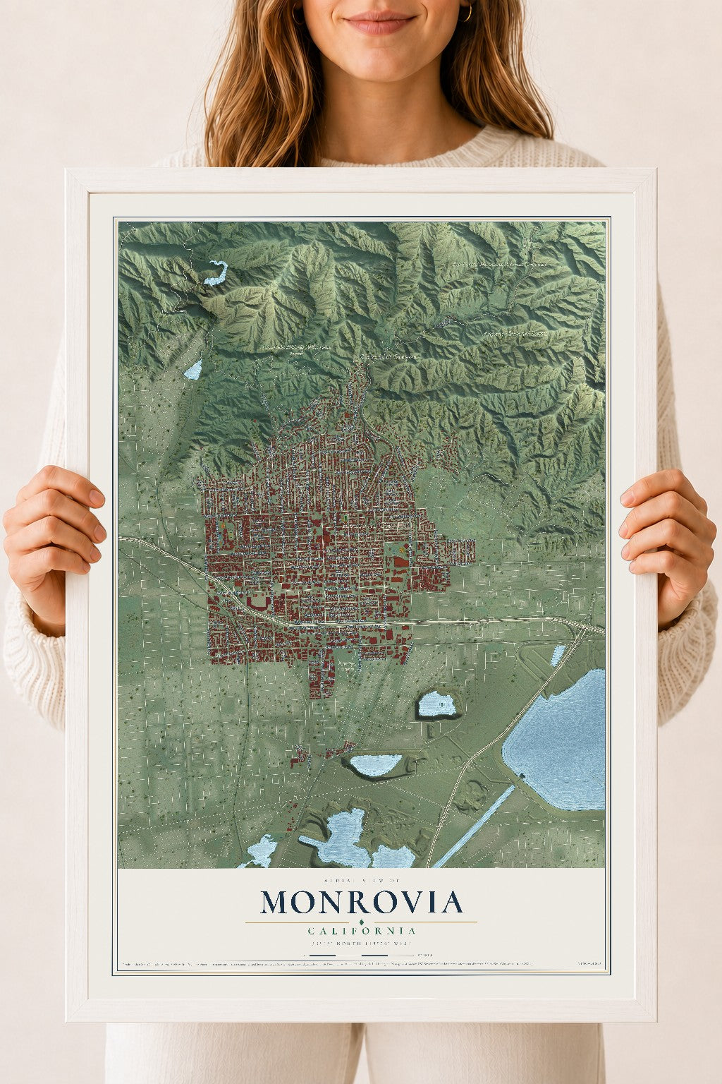Map of Monrovia, California, 18 x 24 inch print in a white wood frame