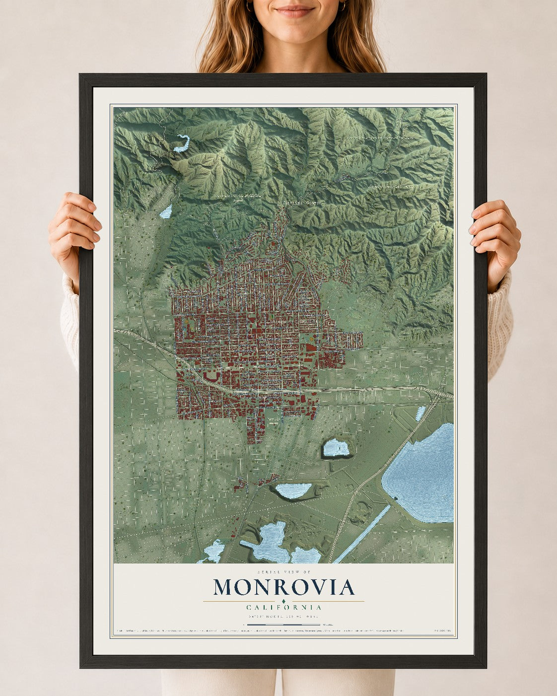 Map of Monrovia, California, 24 x 36 inch print in a black wood frame