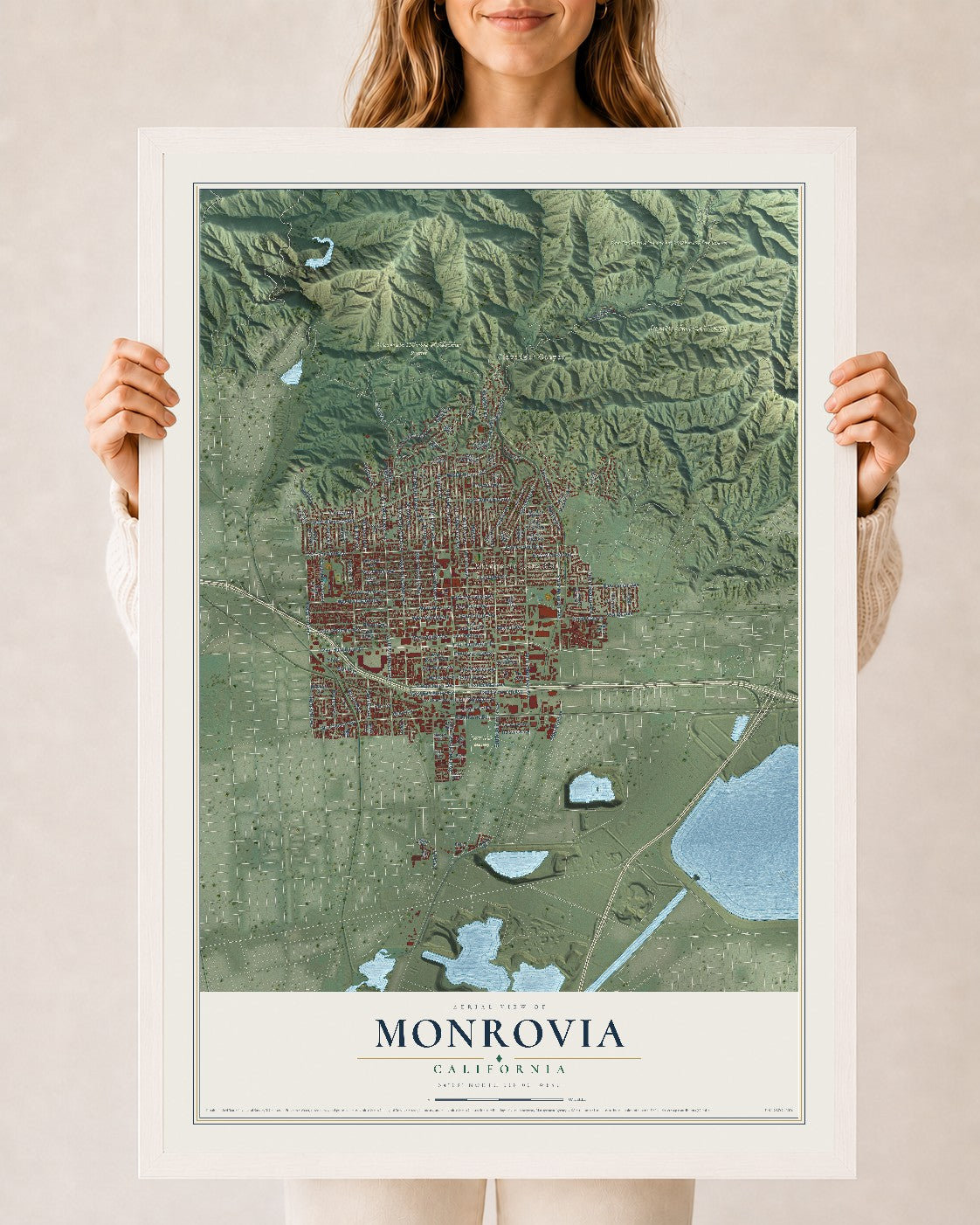 Map of Monrovia, California, 24 x 36 inch print in a white wood frame