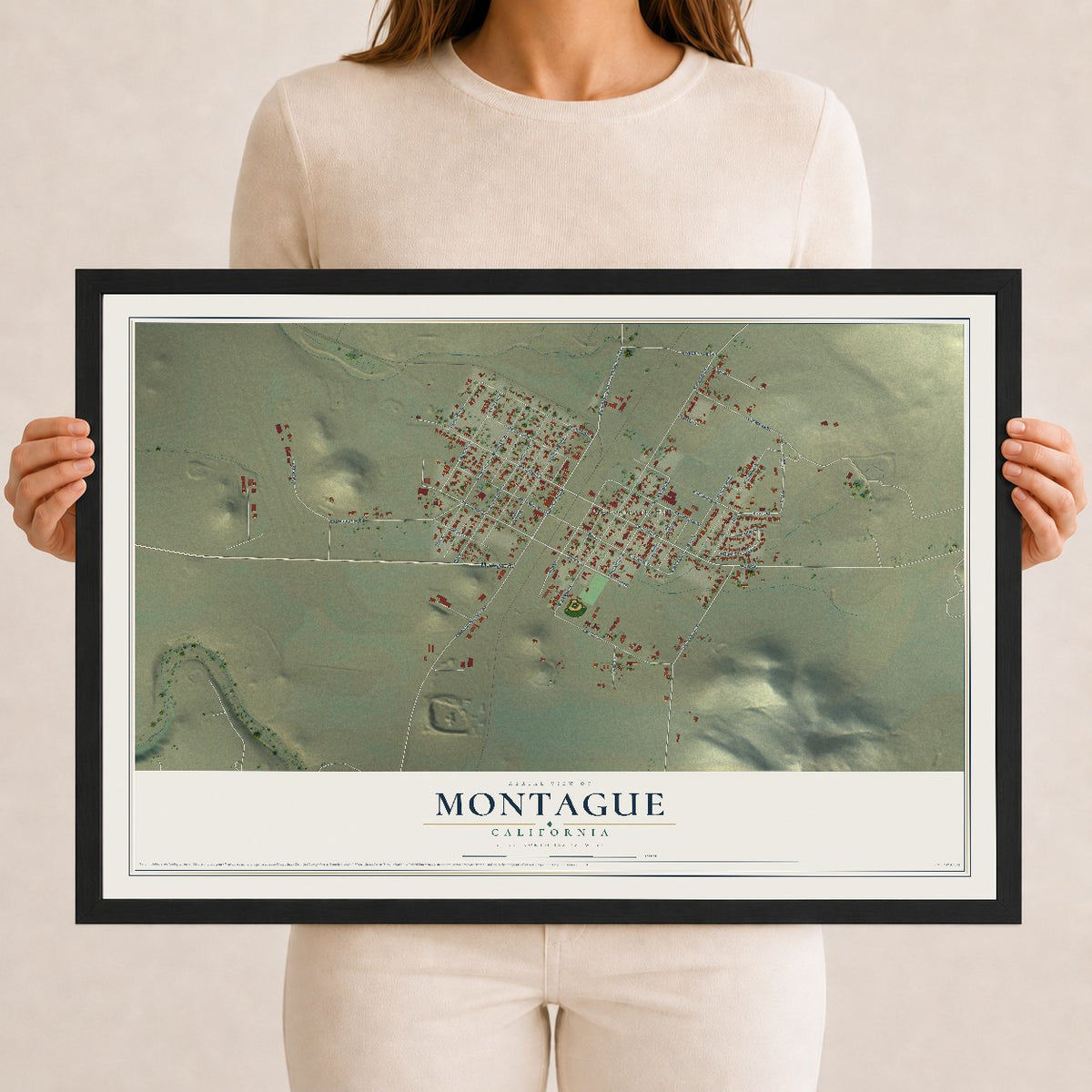 Map of Montague, California, 12 x 18 inch print in a black wood frame