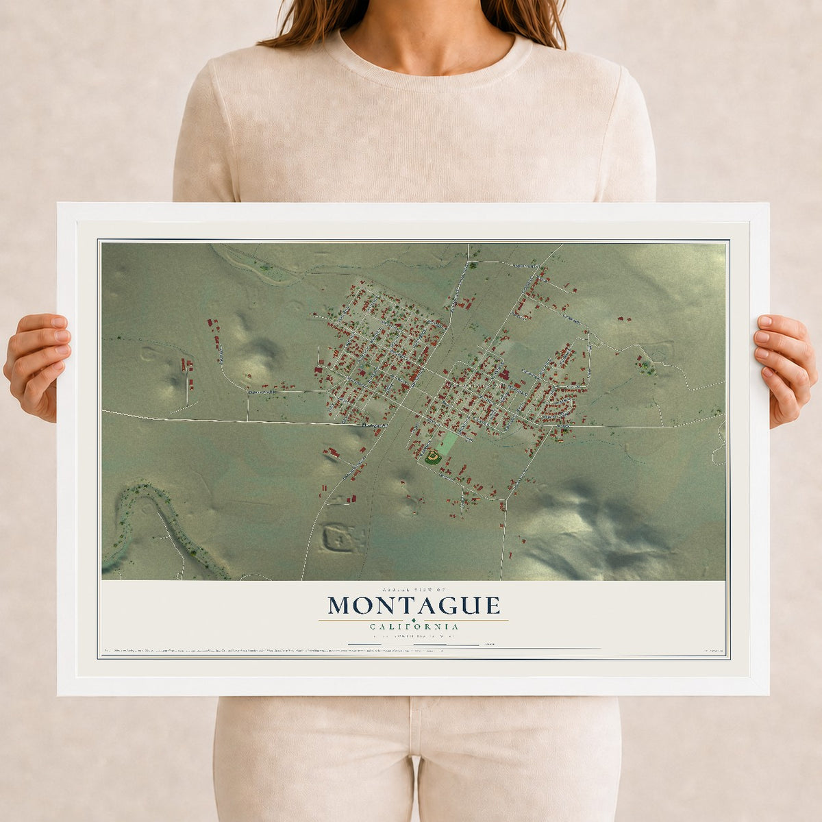 Map of Montague, California, 12 x 18 inch print in a white wood frame