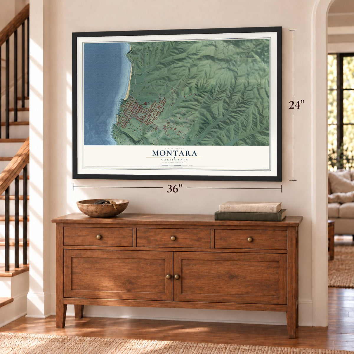 Montara, California map, 24 x 36 inch print in a black frame above a dresser by a staircase