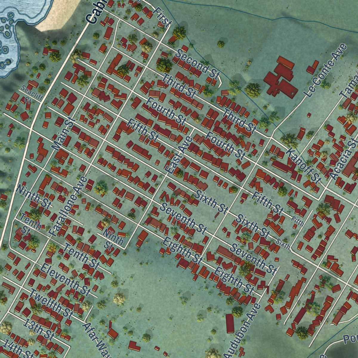 Close-up of the map of Montara, California print showing street and building detail
