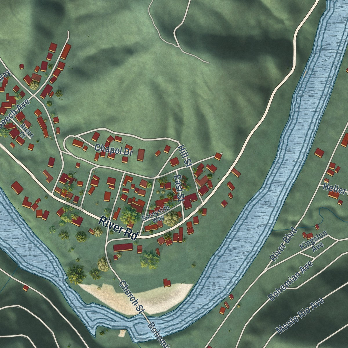 Close-up of the map of Monte Rio, California print showing street and building detail