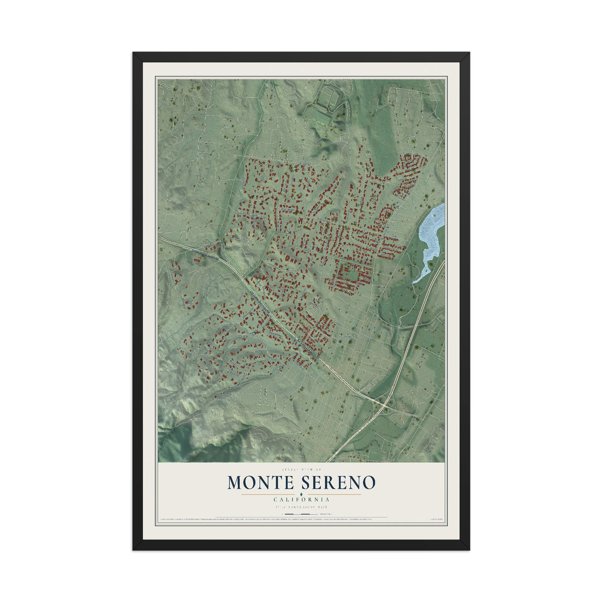 Map of Monte Sereno, California, 12 x 18 inch print in a black wood frame