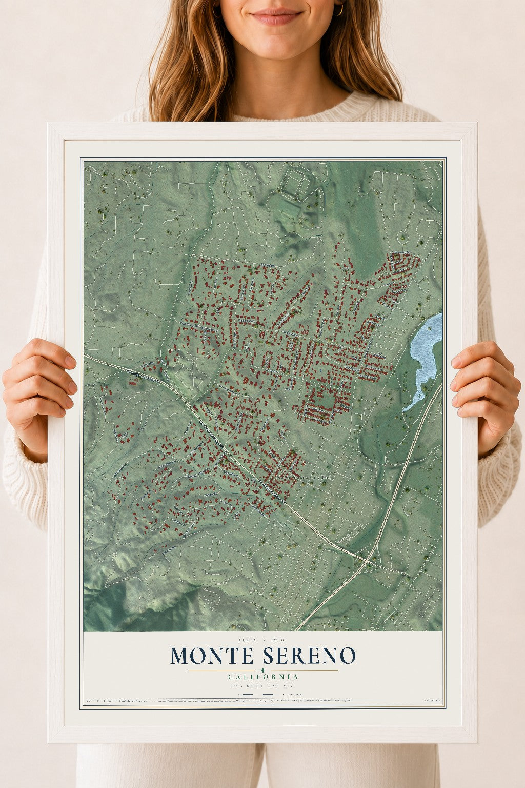 Map of Monte Sereno, California, 18 x 24 inch print in a white wood frame