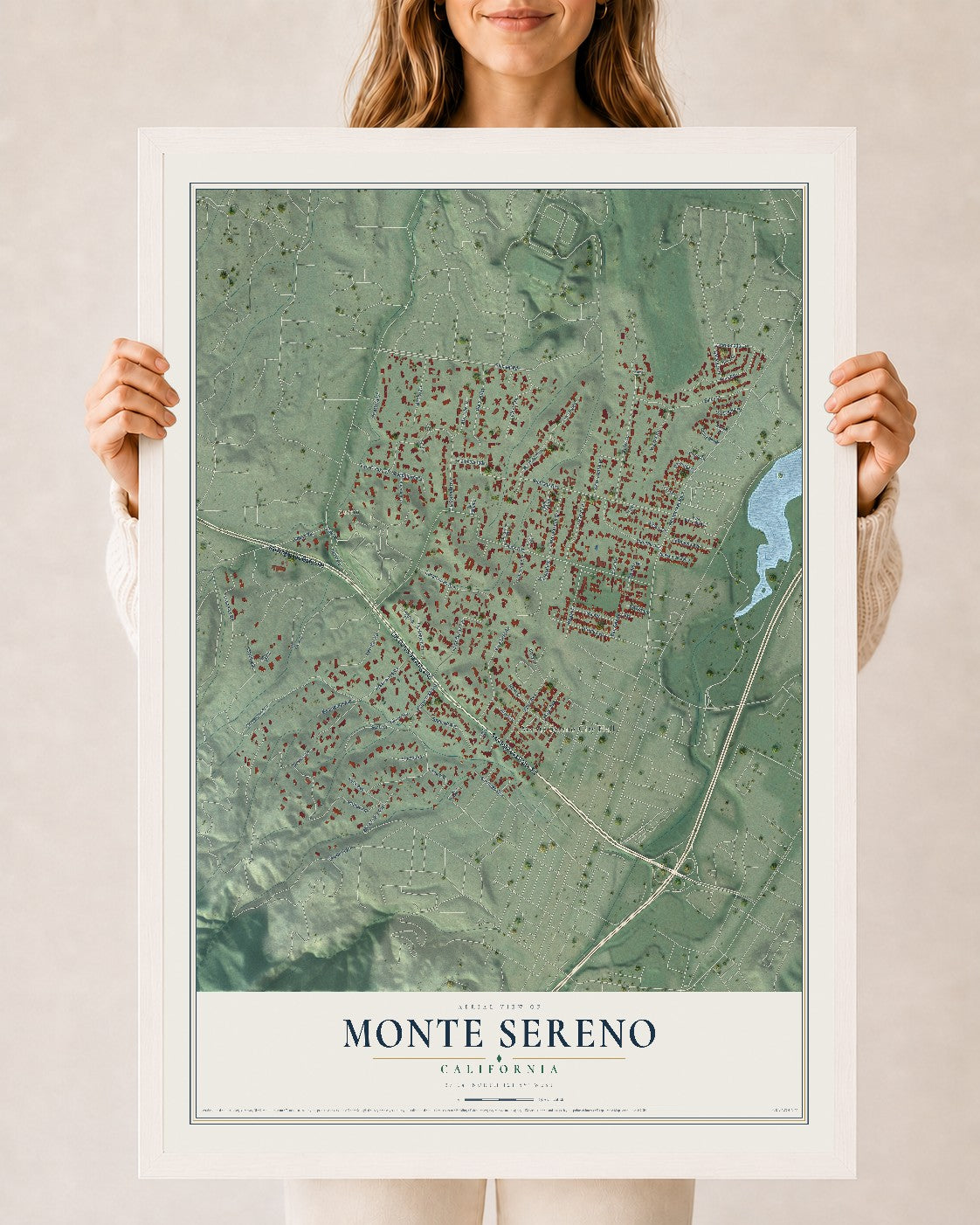 Map of Monte Sereno, California, 24 x 36 inch print in a white wood frame
