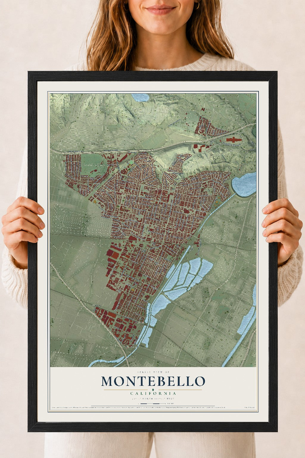 Map of Montebello, California, 18 x 24 inch print in a black wood frame