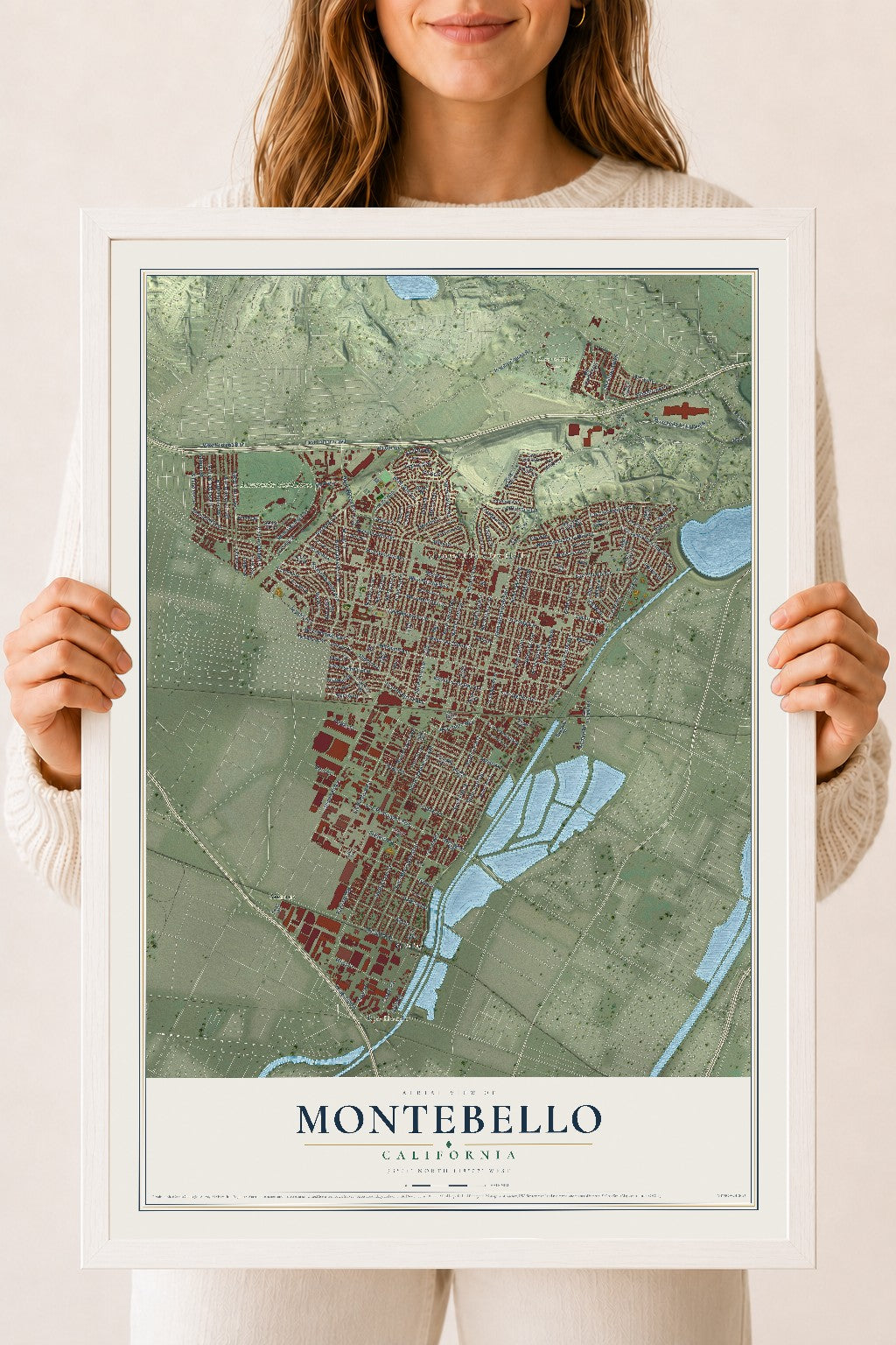 Map of Montebello, California, 18 x 24 inch print in a white wood frame