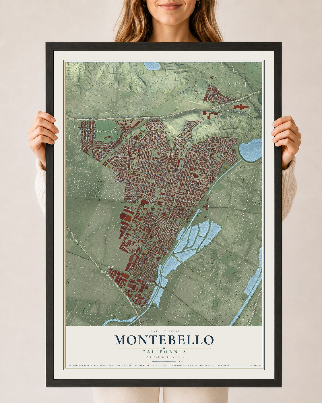 Map of Montebello, California, 24 x 36 inch print in a black wood frame