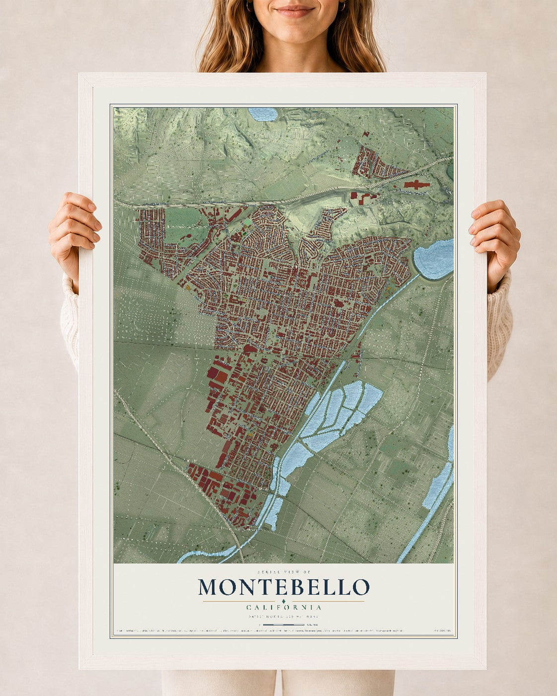 Map of Montebello, California, 24 x 36 inch print in a white wood frame