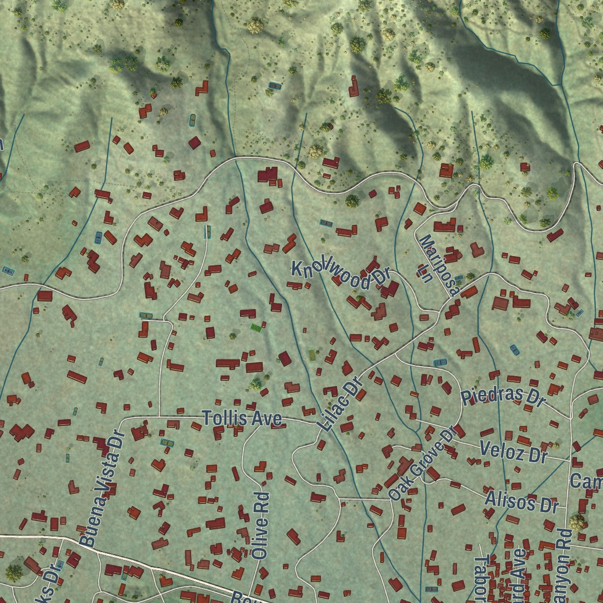 Second close-up of the map of Montecito, California print showing more streets and buildings