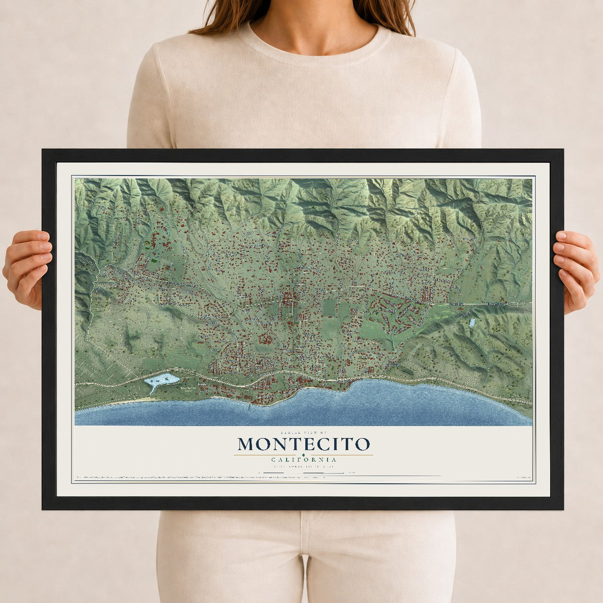 Map of Montecito, California, 12 x 18 inch print in a black wood frame