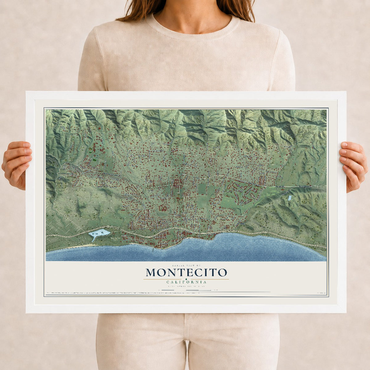 Map of Montecito, California, 12 x 18 inch print in a white wood frame