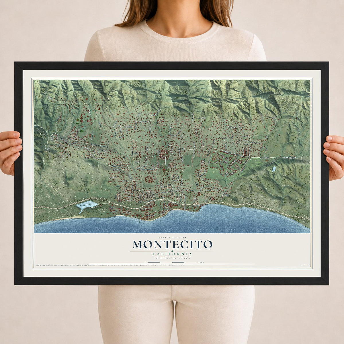 Map of Montecito, California, 18 x 24 inch print in a black wood frame