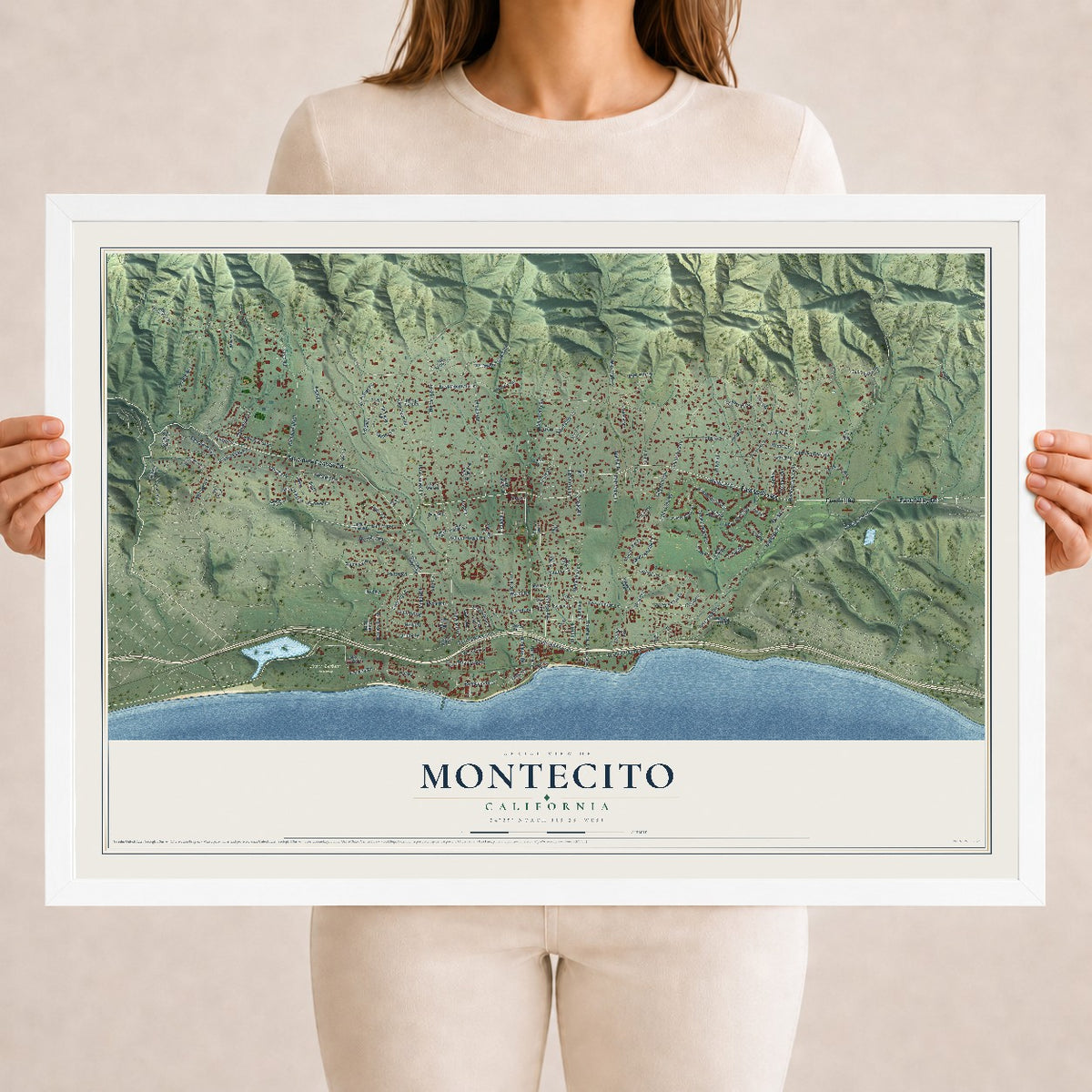 Map of Montecito, California, 18 x 24 inch print in a white wood frame