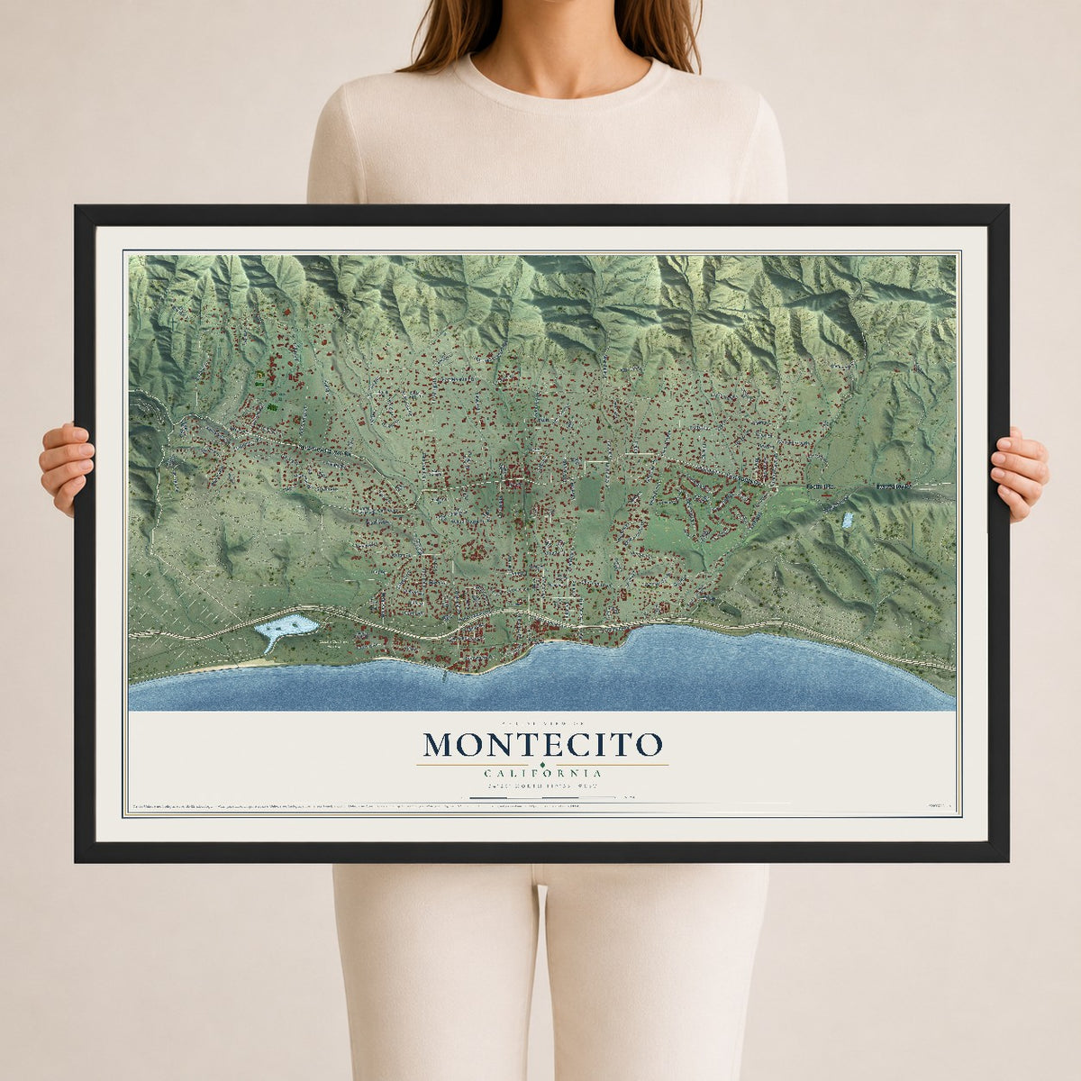Map of Montecito, California, 24 x 36 inch print in a black wood frame