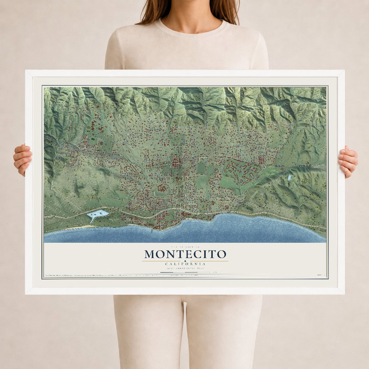 Map of Montecito, California, 24 x 36 inch print in a white wood frame