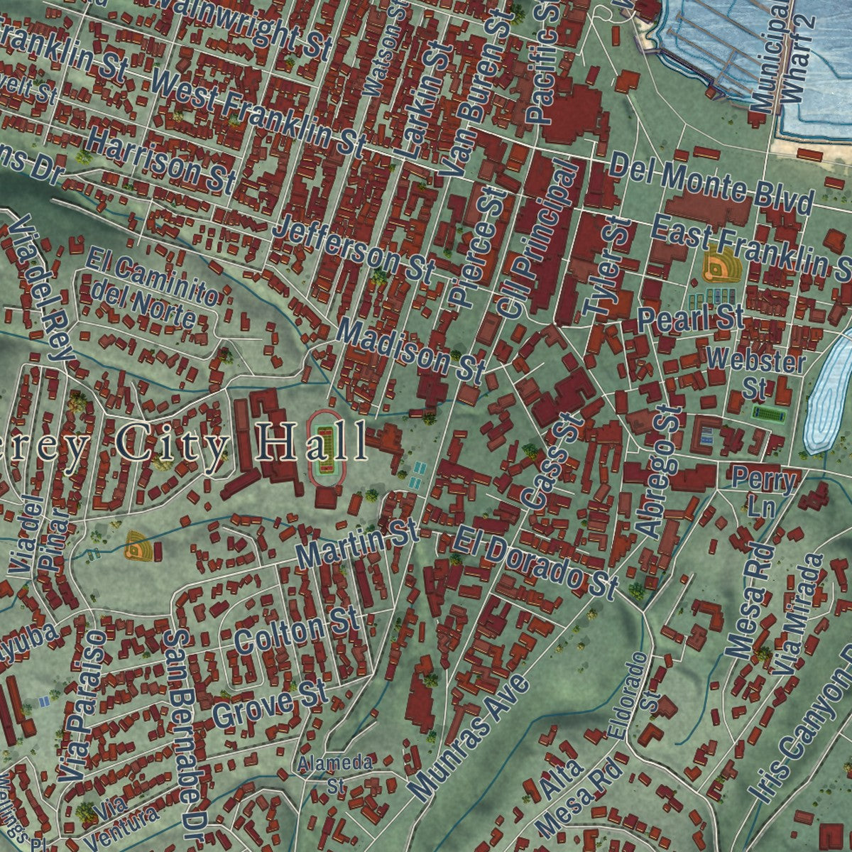 Close-up of the map of Monterey, California print showing street and building detail