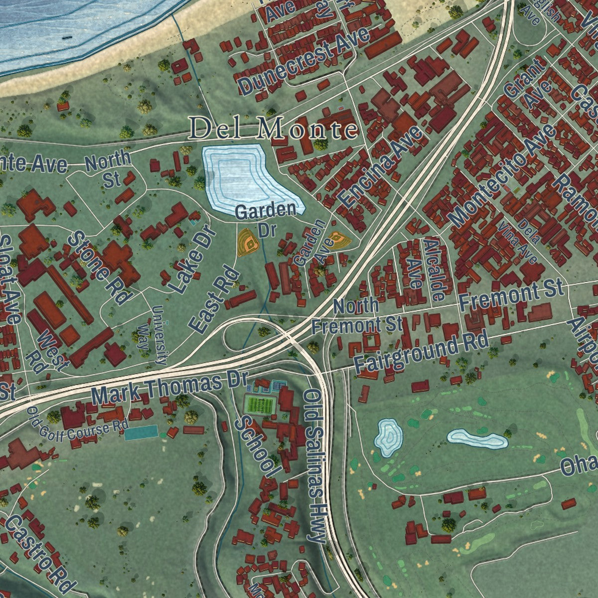 Second close-up of the map of Monterey, California print showing more streets and buildings