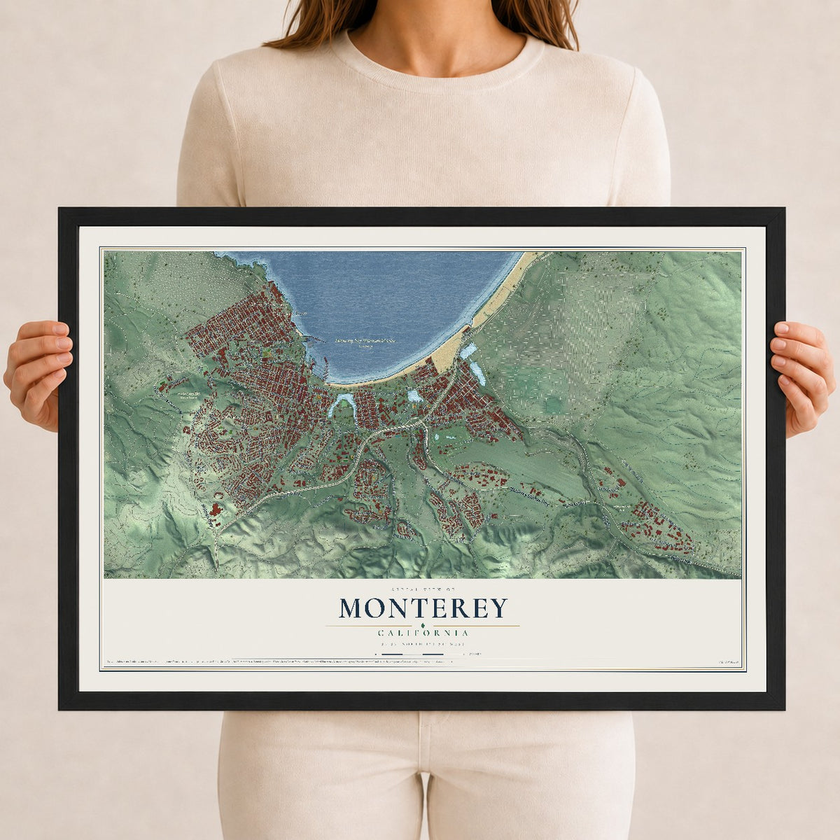 Map of Monterey, California, 12 x 18 inch print in a black wood frame