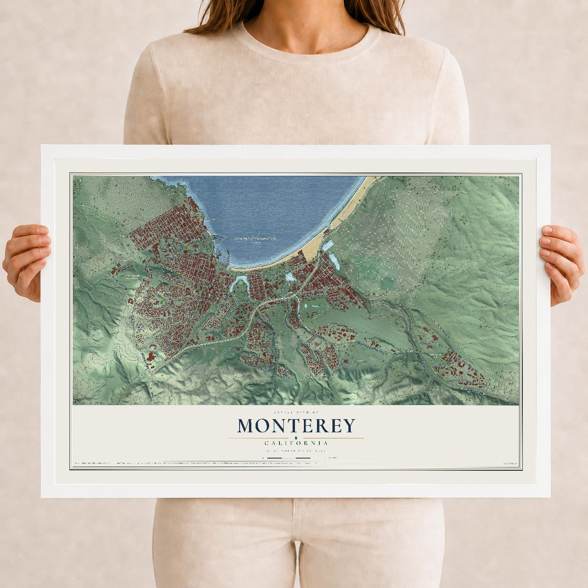 Map of Monterey, California, 12 x 18 inch print in a white wood frame