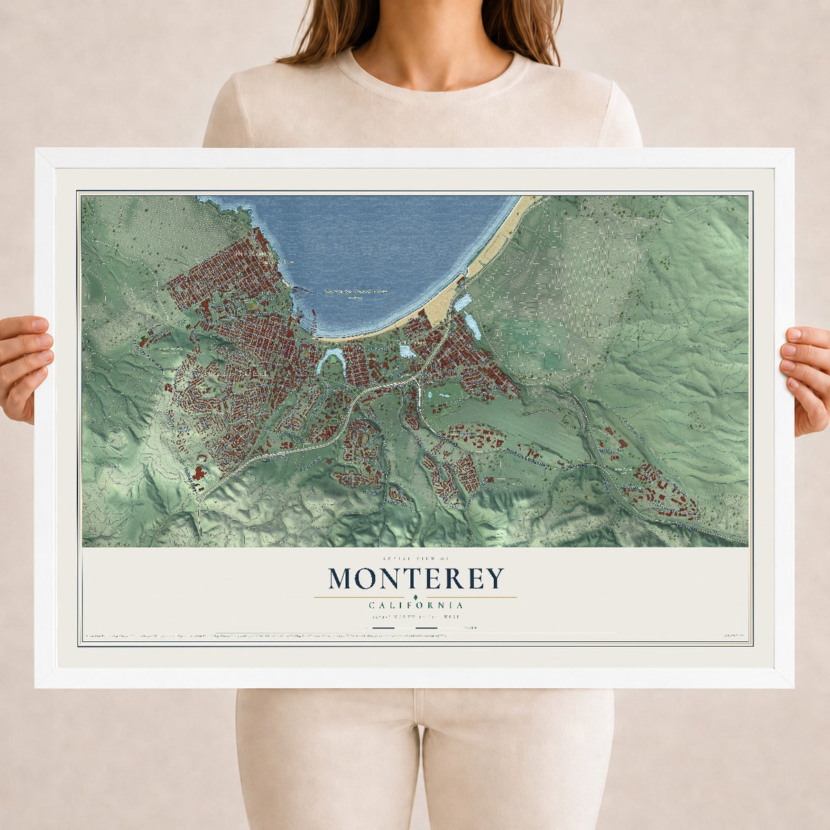 Map of Monterey, California, 18 x 24 inch print in a white wood frame