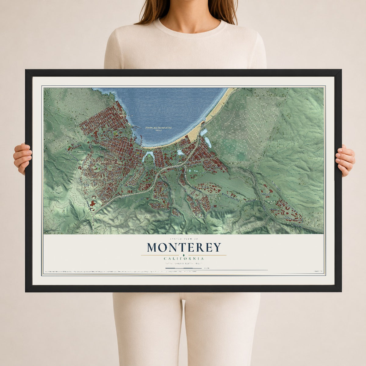 Map of Monterey, California, 24 x 36 inch print in a black wood frame