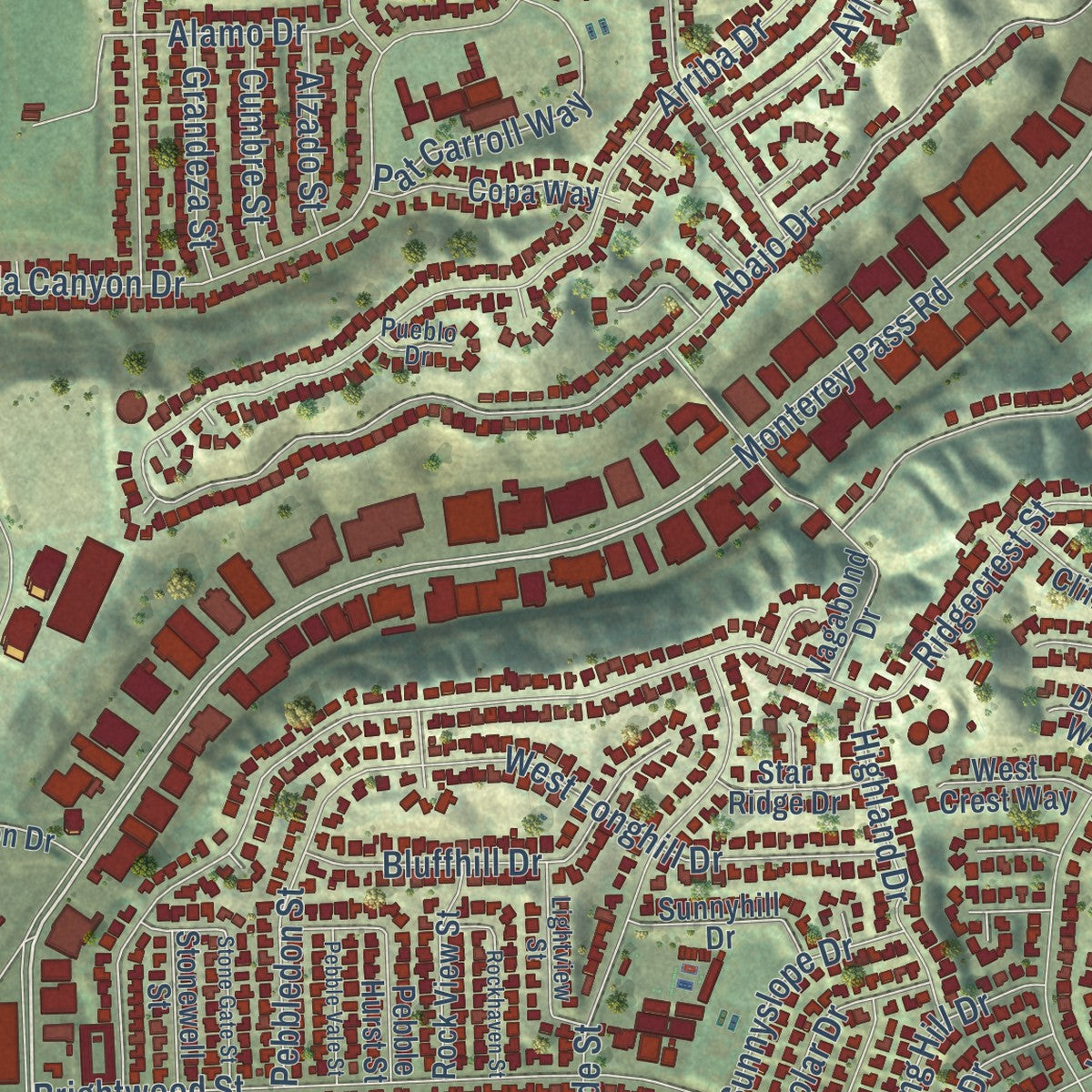 Second close-up of the map of Monterey Park, California print showing more streets and buildings
