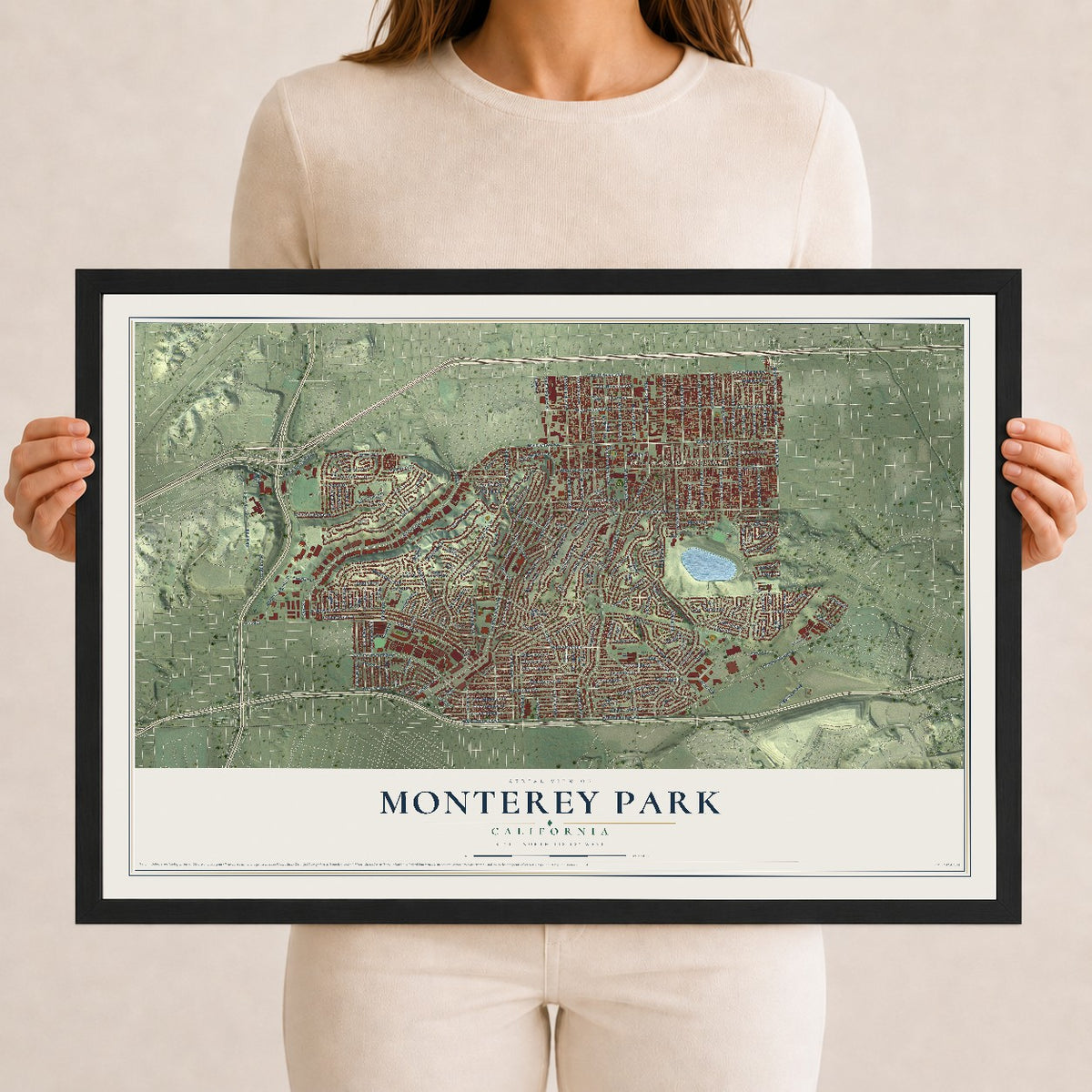 Map of Monterey Park, California, 12 x 18 inch print in a black wood frame