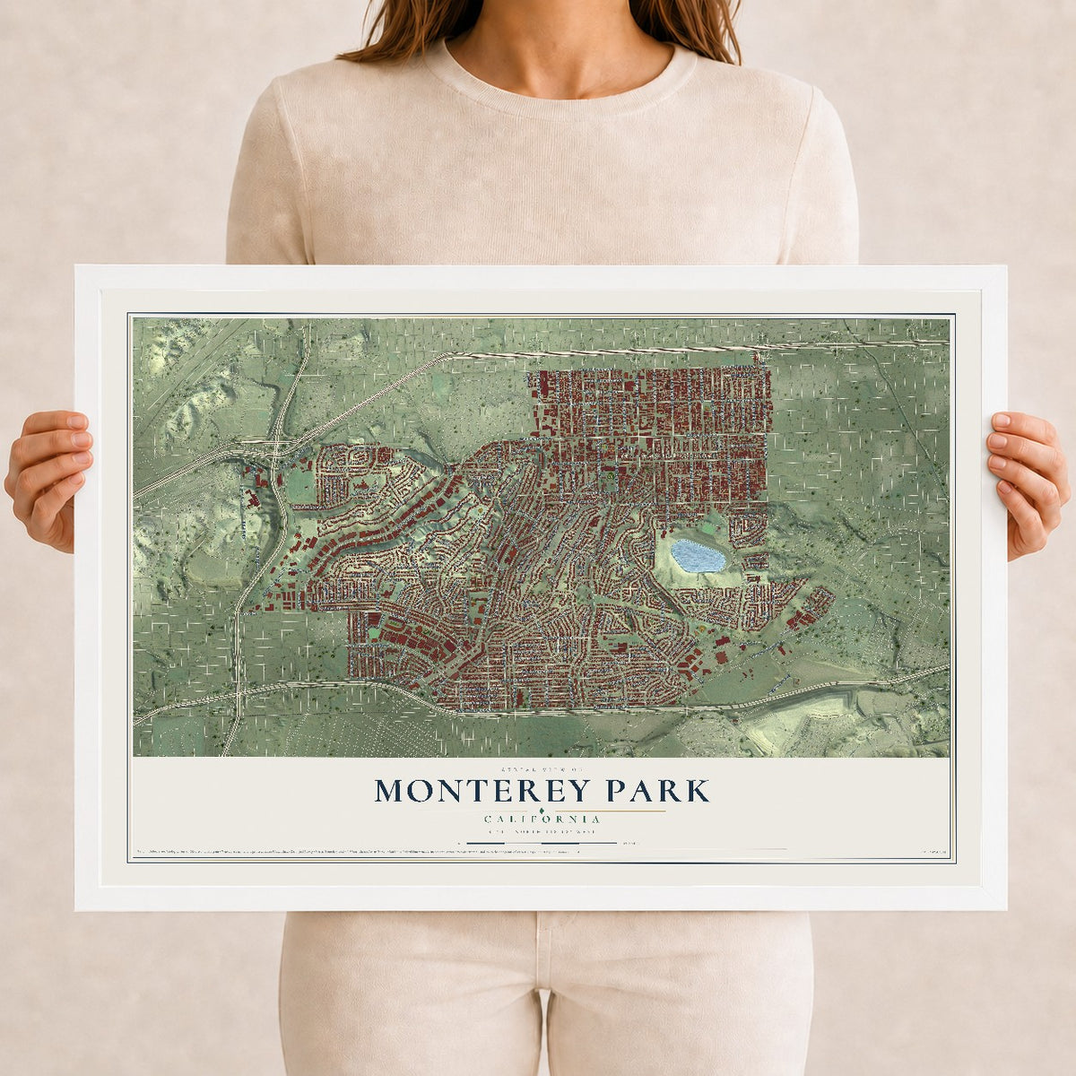 Map of Monterey Park, California, 12 x 18 inch print in a white wood frame