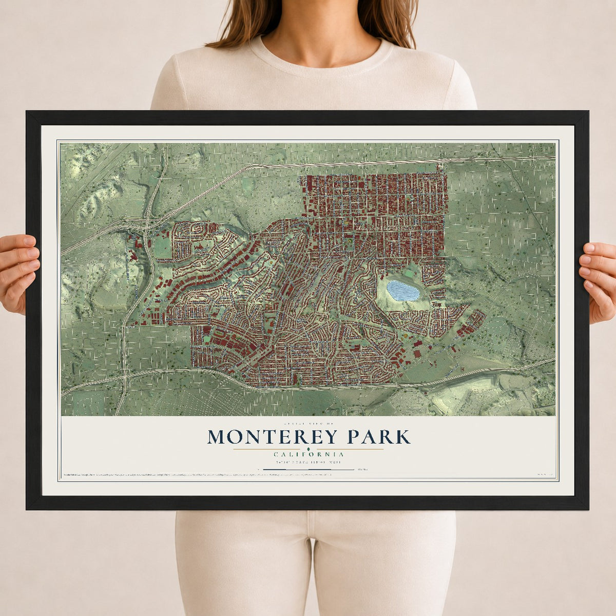 Map of Monterey Park, California, 18 x 24 inch print in a black wood frame