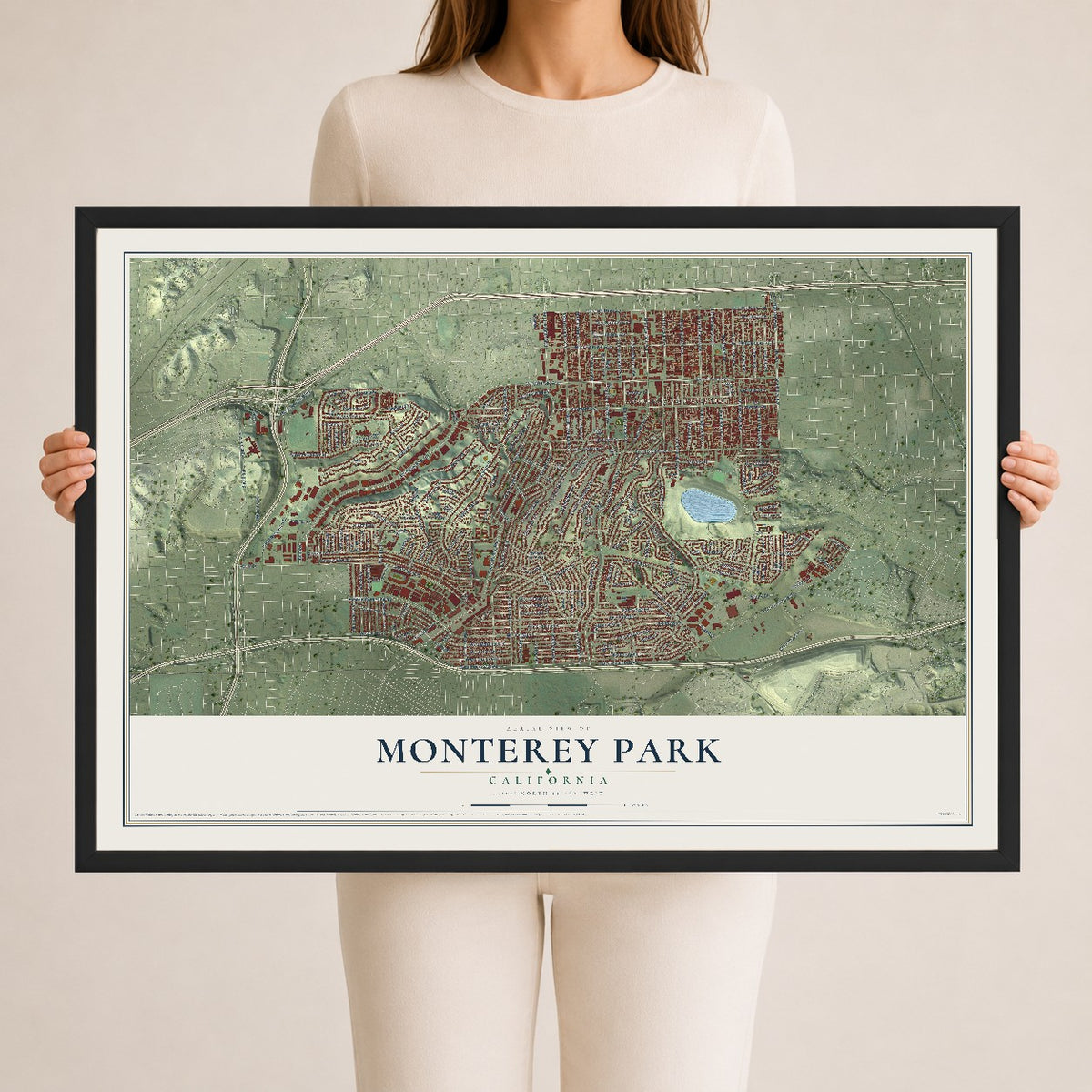 Map of Monterey Park, California, 24 x 36 inch print in a black wood frame