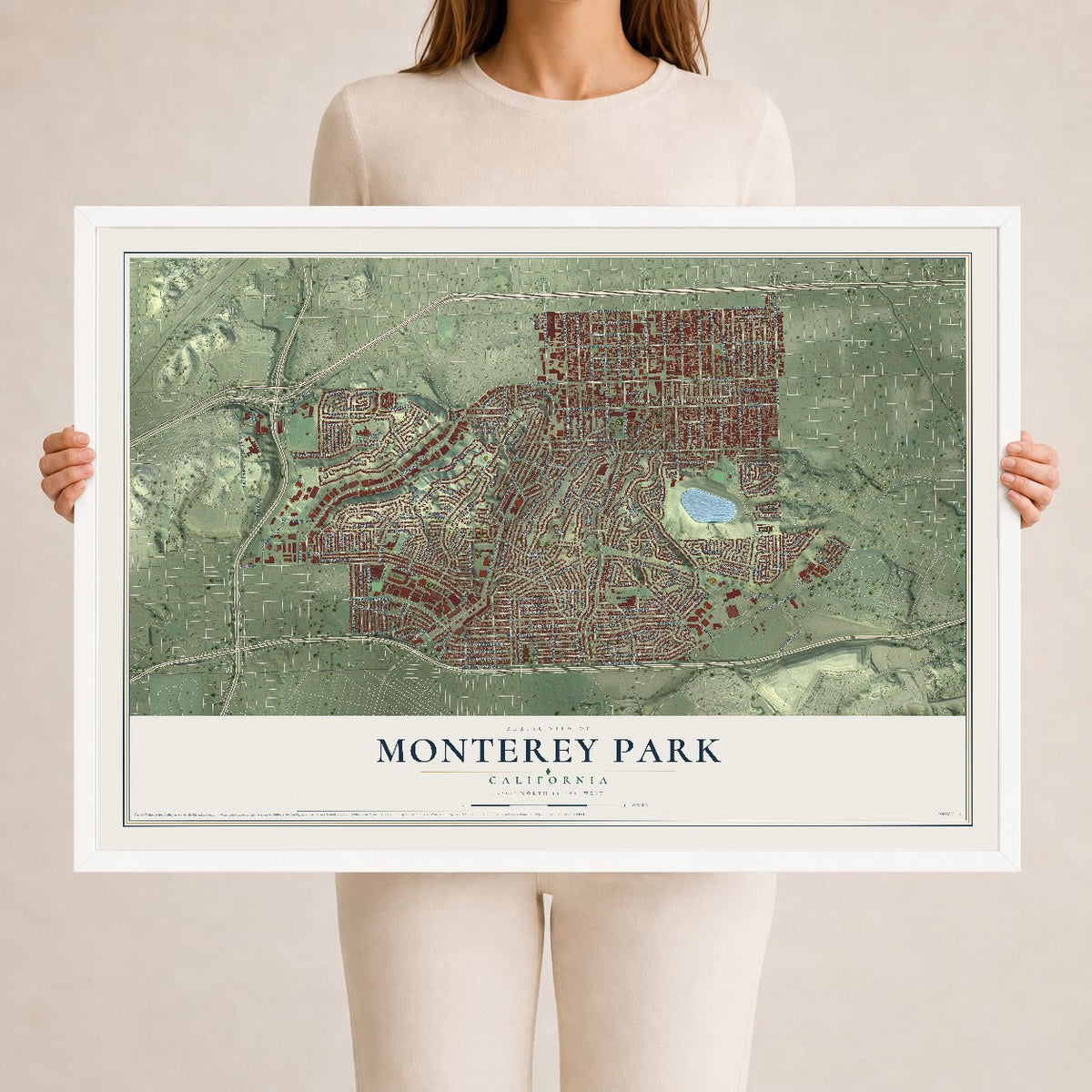 Map of Monterey Park, California, 24 x 36 inch print in a white wood frame