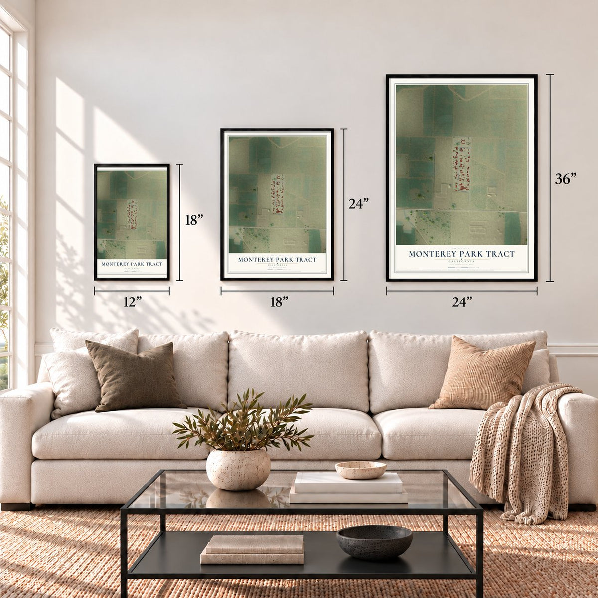 Monterey Park Tract, California map in 12 x 18, 18 x 24 and 24 x 36 inch sizes above a sofa