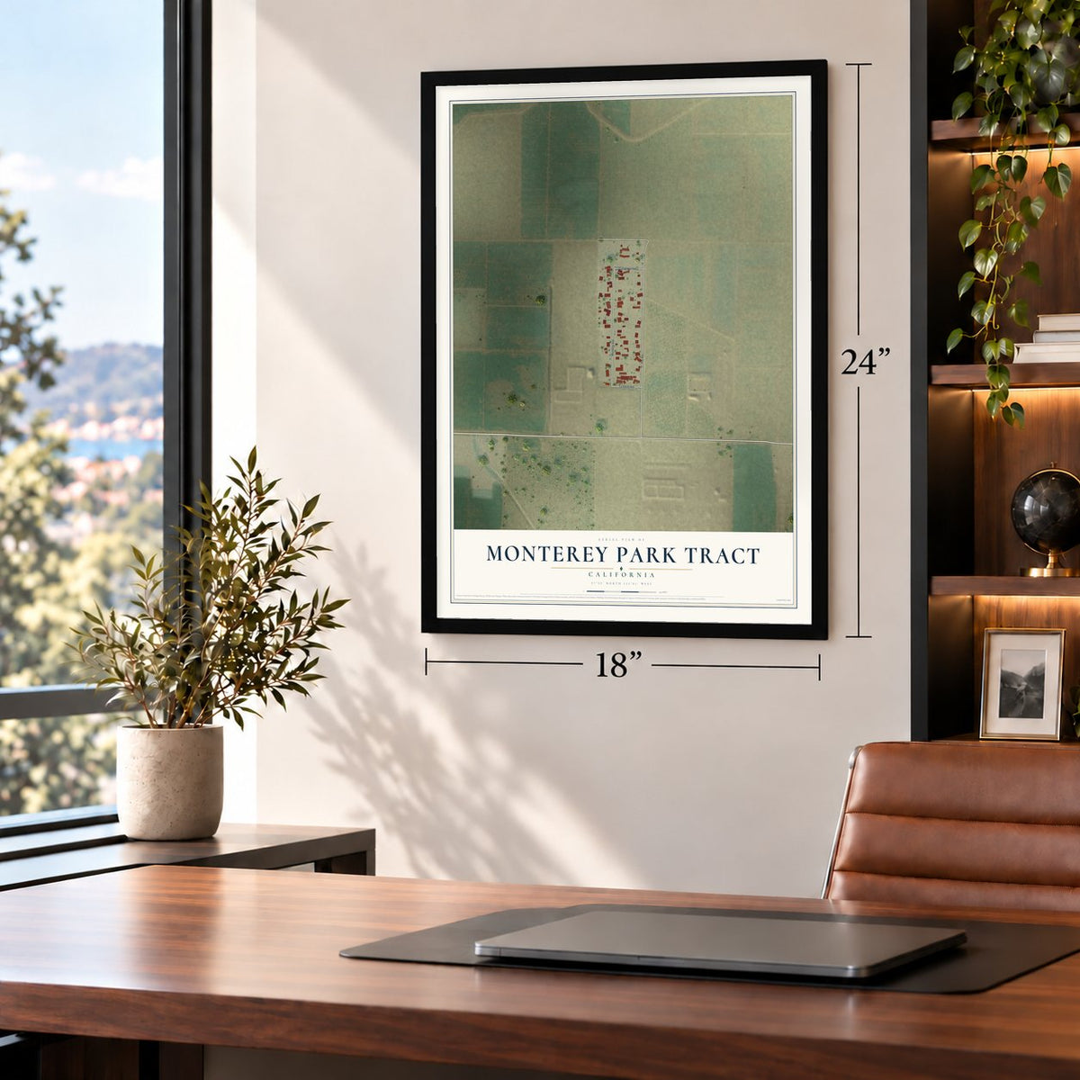 Monterey Park Tract, California map, 18 x 24 inch print in a black frame in a home office