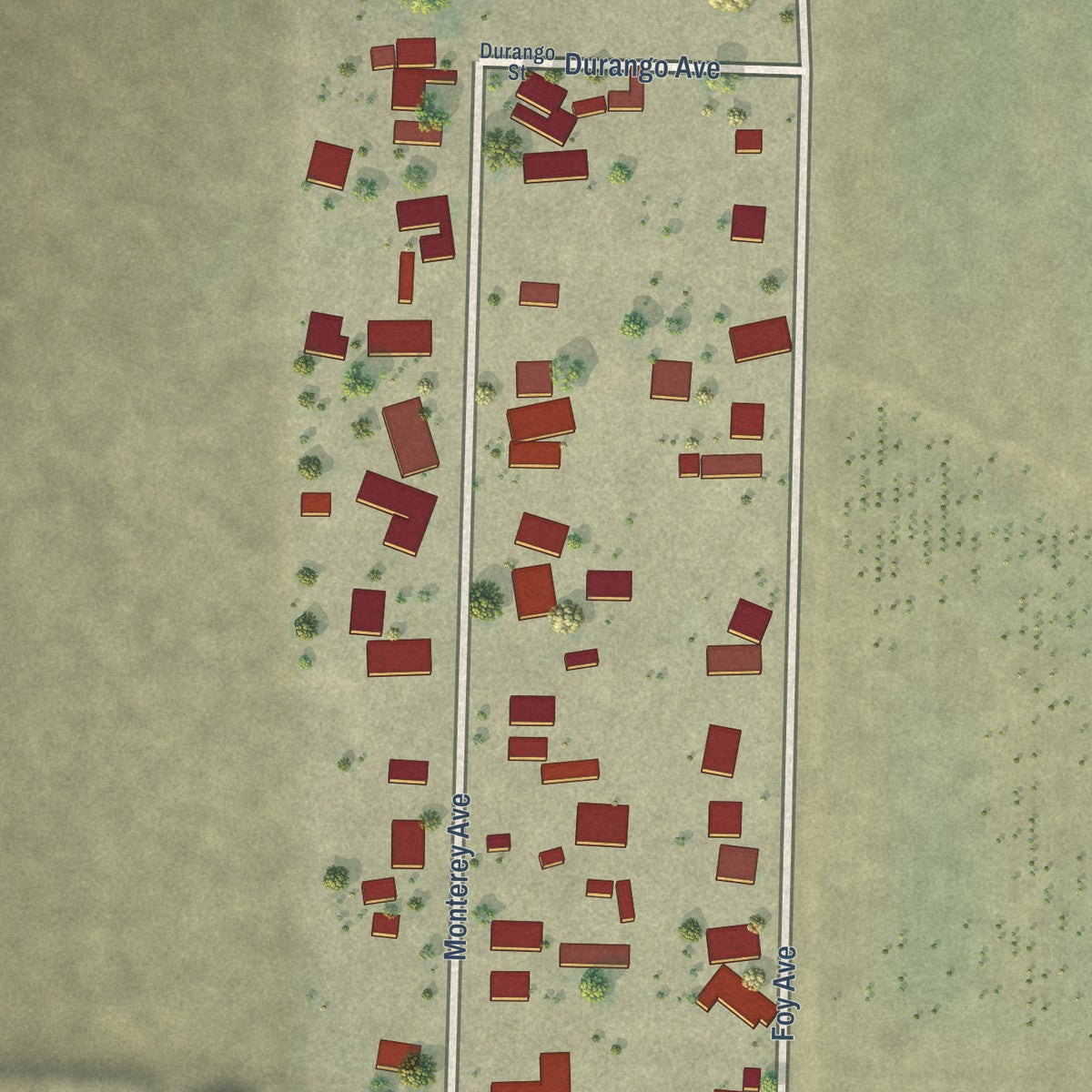 Close-up of the map of Monterey Park Tract, California print showing street and building detail