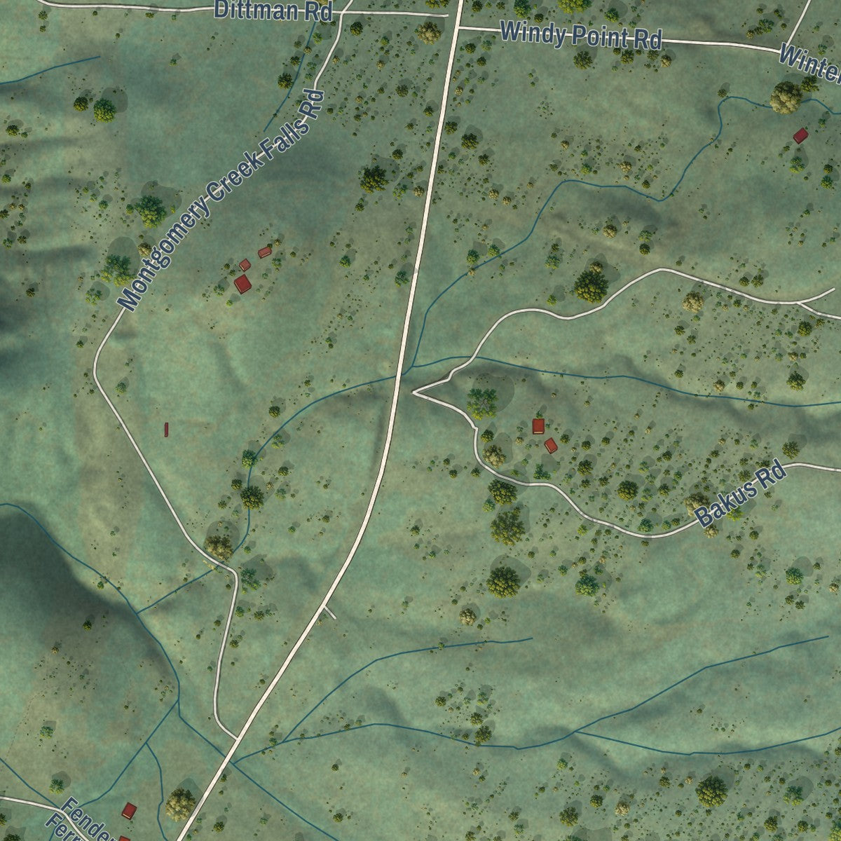 Close-up of the map of Montgomery Creek, California print showing street and building detail