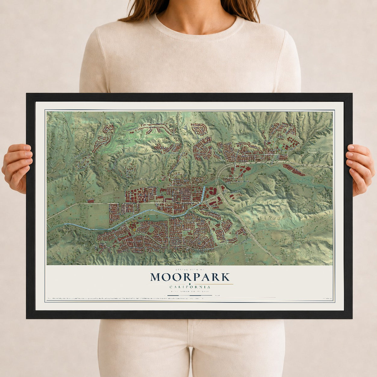 Map of Moorpark, California, 12 x 18 inch print in a black wood frame