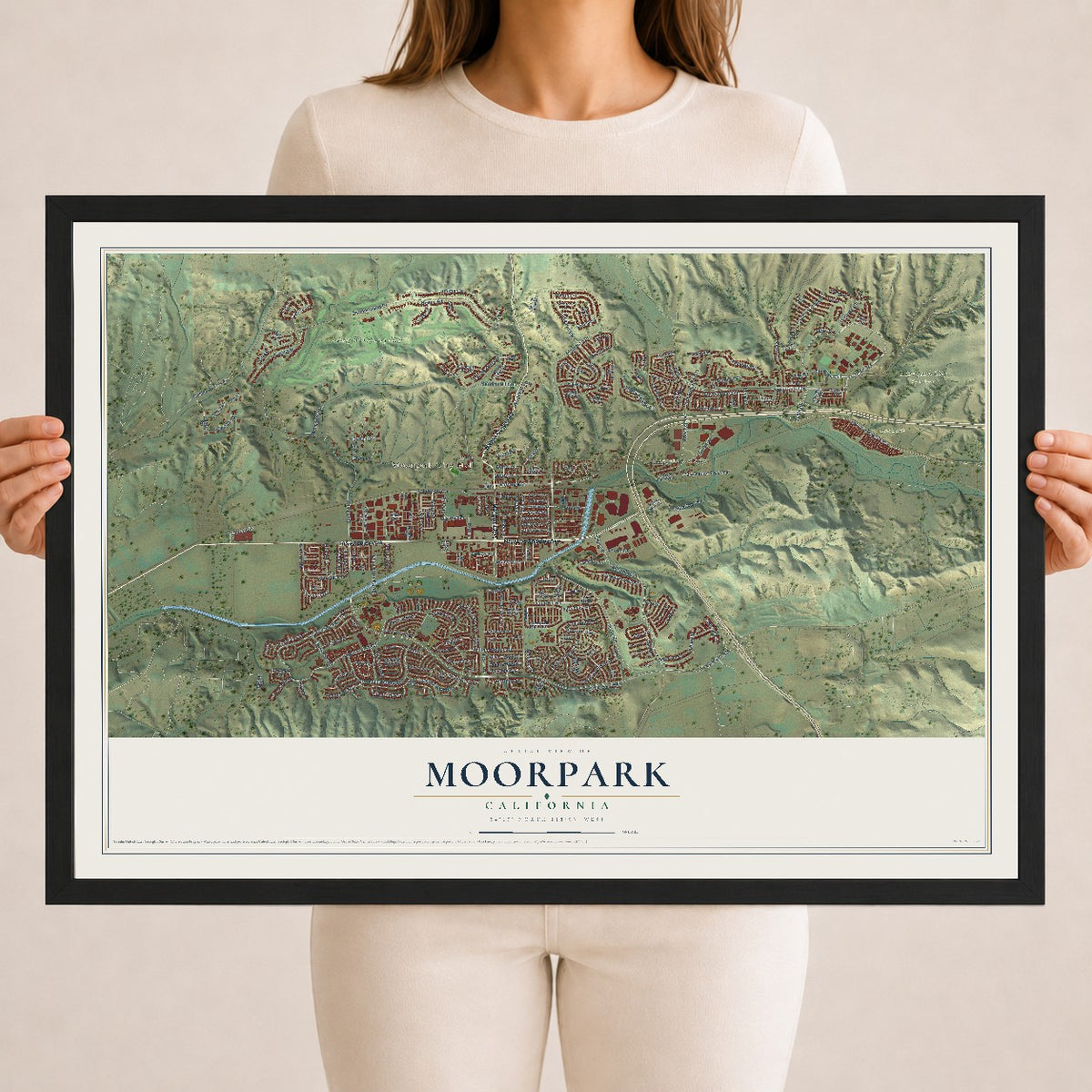 Map of Moorpark, California, 18 x 24 inch print in a black wood frame